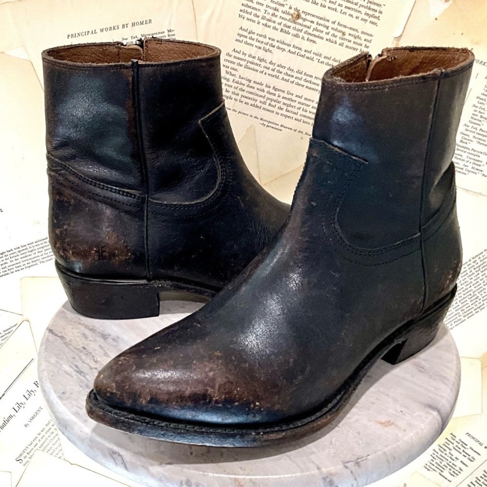 Free People Frye Billy Inside Zip Boot Distressed Black Leather Pointy Toe - Picture 9 of 13